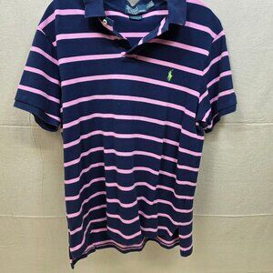 Polo Ralph Lauren Shirt Mens XL Custom Fit Navy Pink Striped Short Sleeve